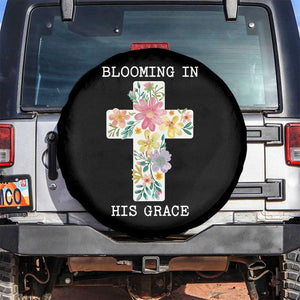 Blooming in His Grace Boho Christian Wildflower Spare Tire Cover Floral Cross Religious TS14 No hole Black Print Your Wear