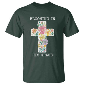 Blooming in His Grace Boho Christian Wildflower T Shirt Floral Cross Religious TS14 Dark Forest Green Print Your Wear