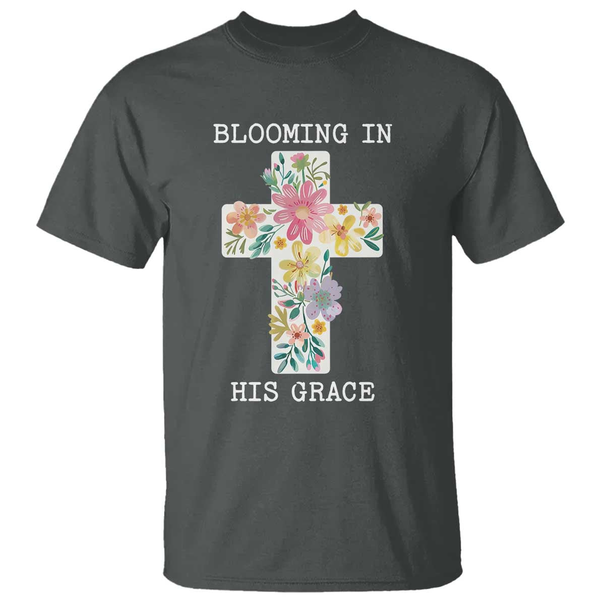 Blooming in His Grace Boho Christian Wildflower T Shirt Floral Cross Religious TS14 Dark Heather Print Your Wear
