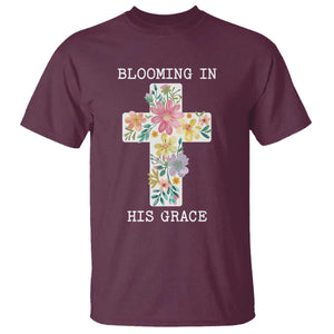 Blooming in His Grace Boho Christian Wildflower T Shirt Floral Cross Religious TS14 Maroon Print Your Wear