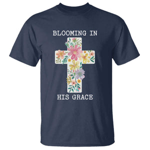 Blooming in His Grace Boho Christian Wildflower T Shirt Floral Cross Religious TS14 Navy Print Your Wear