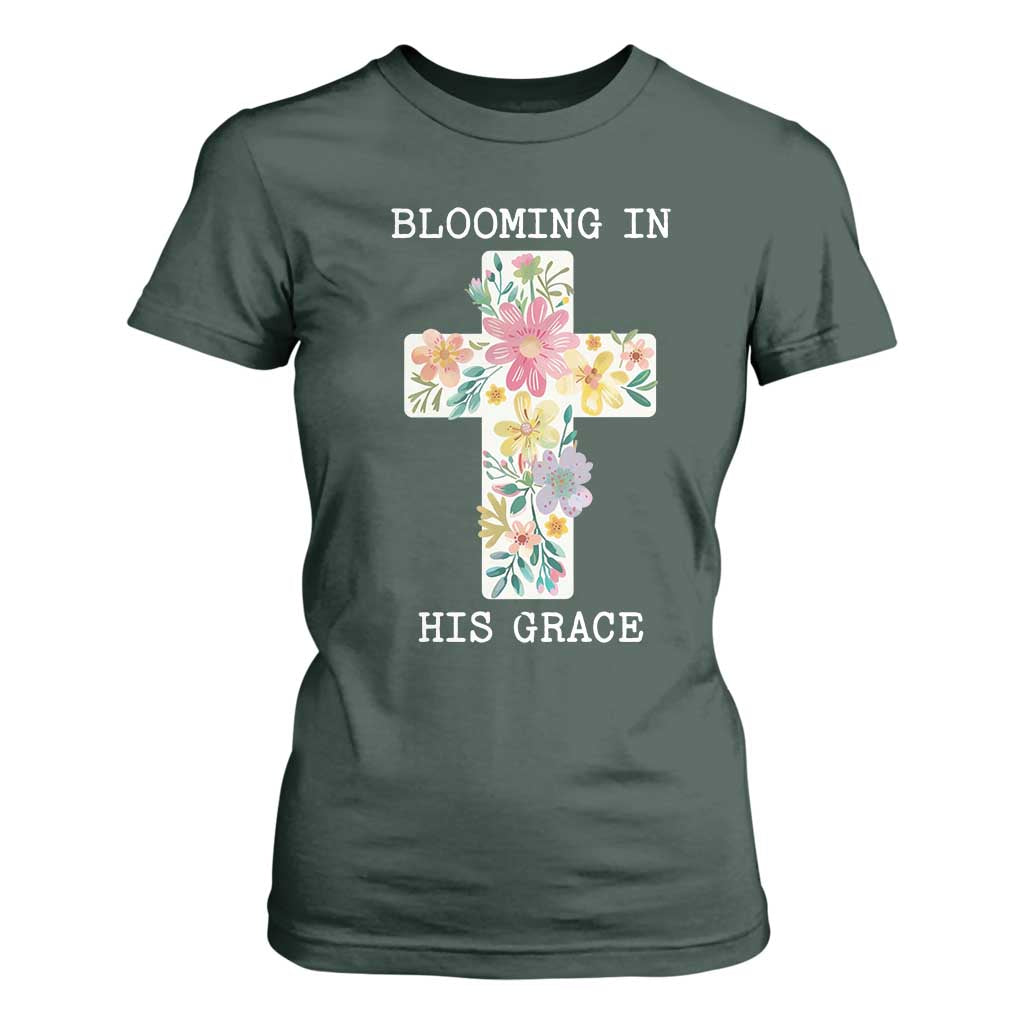 Blooming in His Grace Boho Christian Wildflower T Shirt For Women Floral Cross Religious TS14 Dark Forest Green Print Your Wear