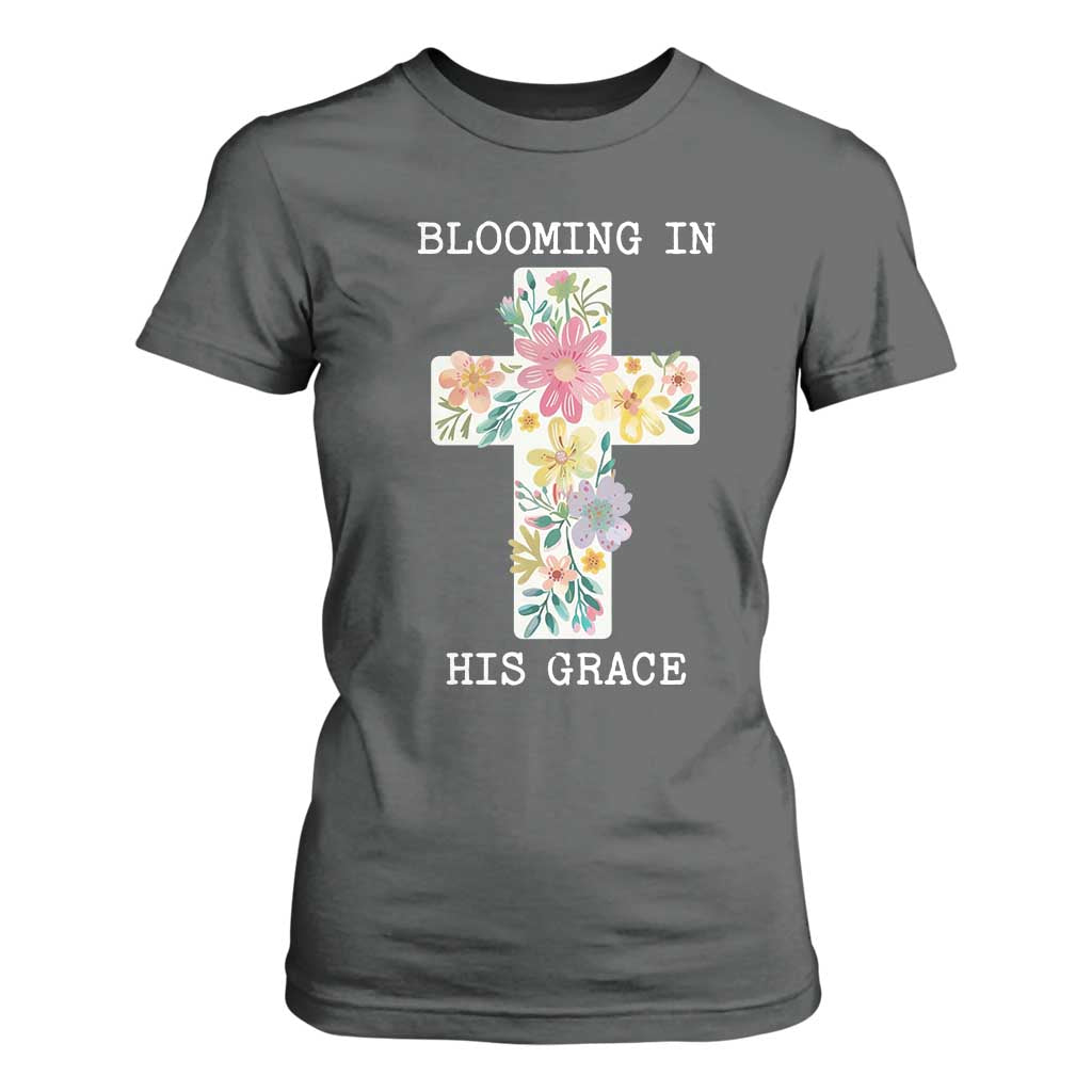 Blooming in His Grace Boho Christian Wildflower T Shirt For Women Floral Cross Religious TS14 Dark Heather Print Your Wear