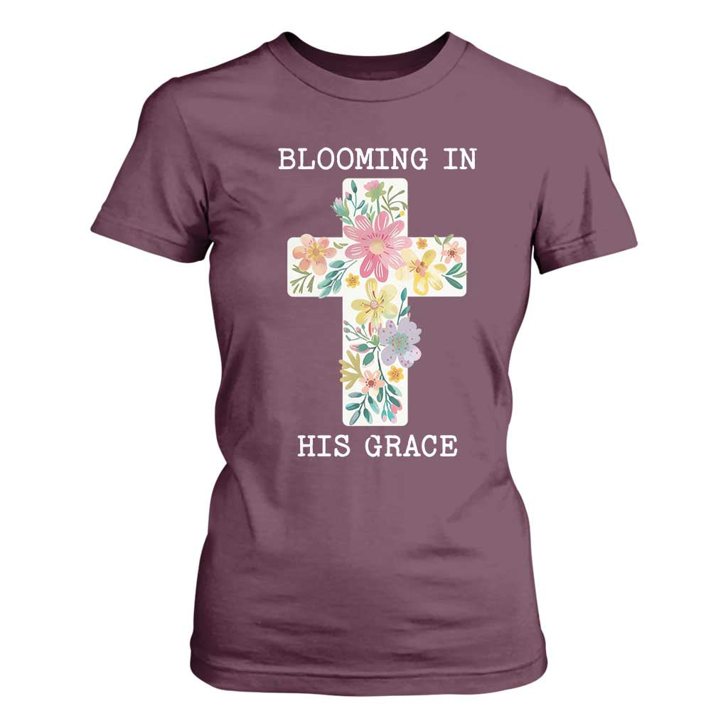 Blooming in His Grace Boho Christian Wildflower T Shirt For Women Floral Cross Religious TS14 Maroon Print Your Wear