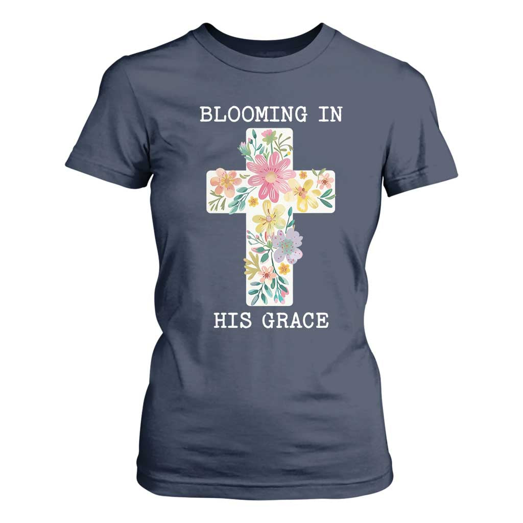 Blooming in His Grace Boho Christian Wildflower T Shirt For Women Floral Cross Religious TS14 Navy Print Your Wear