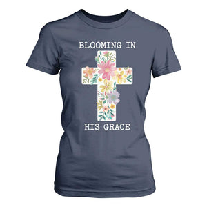 Blooming in His Grace Boho Christian Wildflower T Shirt For Women Floral Cross Religious TS14 Navy Print Your Wear