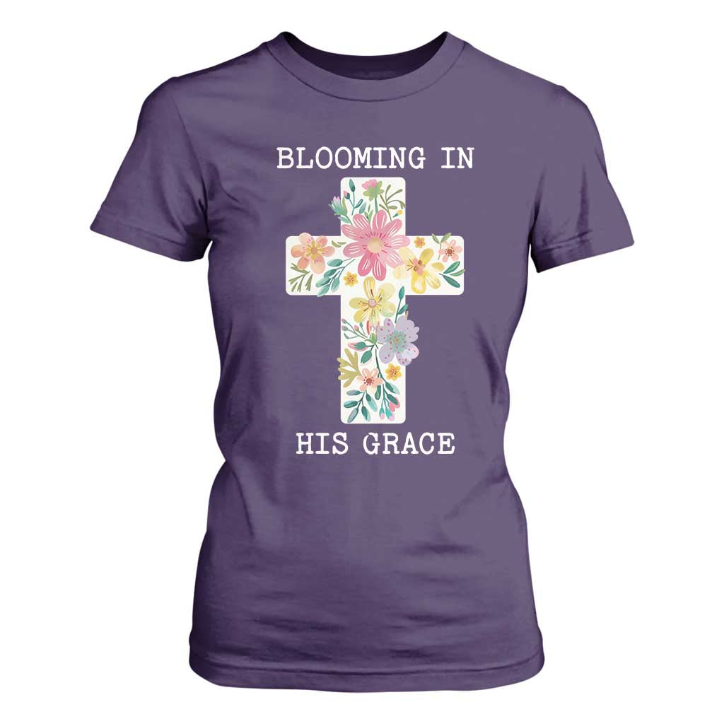 Blooming in His Grace Boho Christian Wildflower T Shirt For Women Floral Cross Religious TS14 Purple Print Your Wear