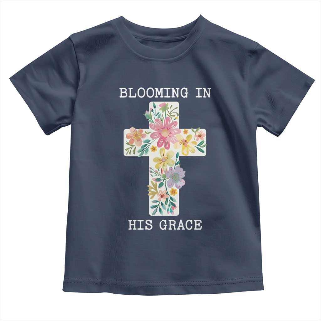 Blooming in His Grace Boho Christian Wildflower Toddler T Shirt Floral Cross Religious TS14 Navy Print Your Wear