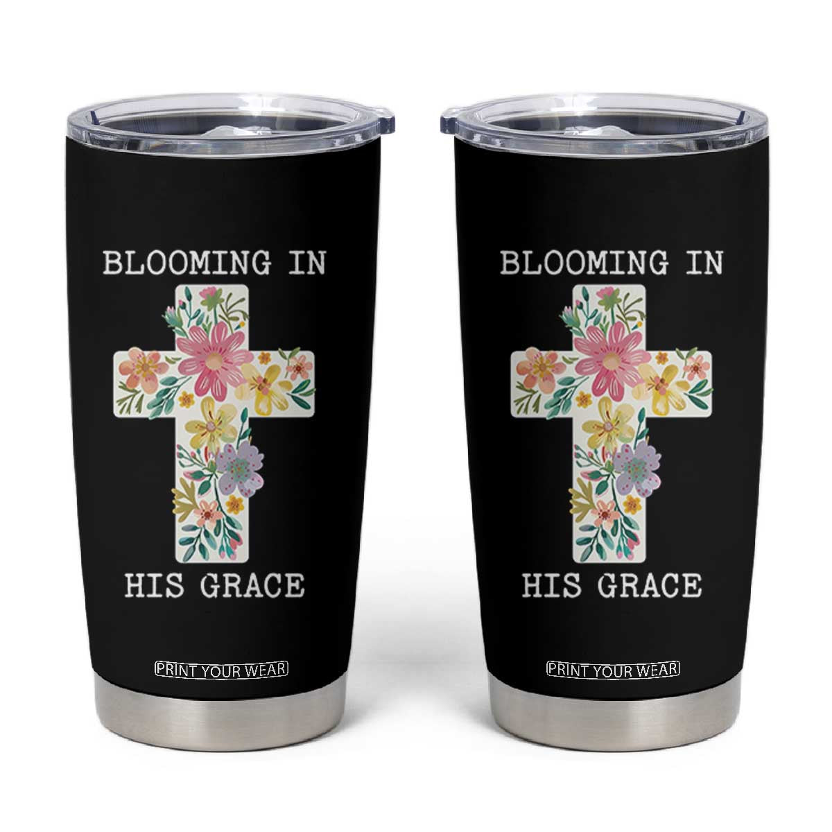 Blooming in His Grace Boho Christian Wildflower Tumbler Cup Floral Cross Religious TS14 Black Print Your Wear