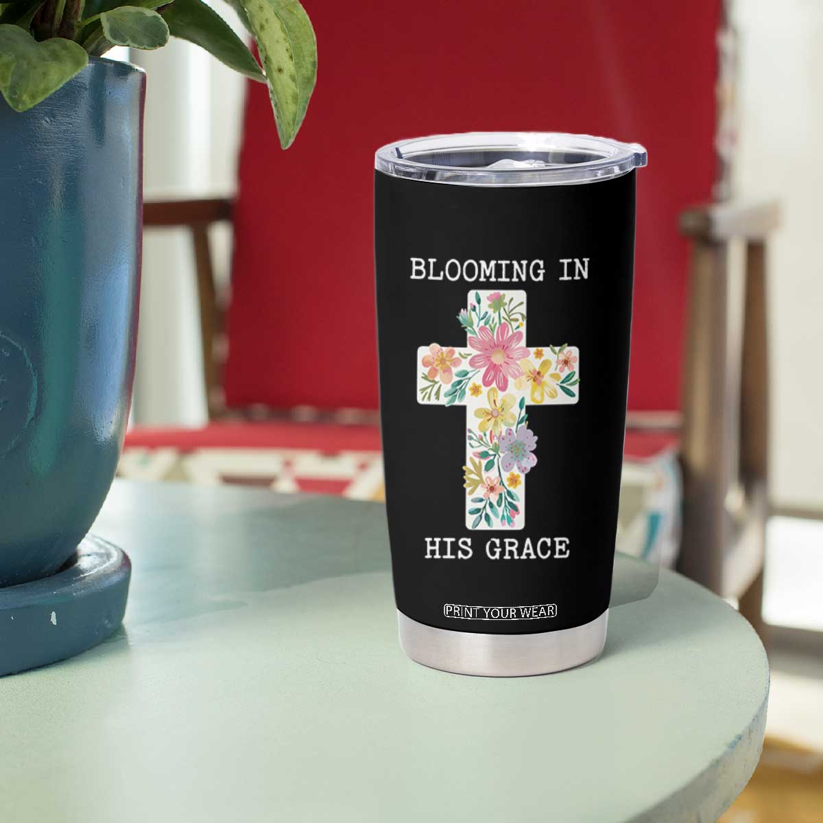 Blooming in His Grace Boho Christian Wildflower Tumbler Cup Floral Cross Religious TS14 Print Your Wear