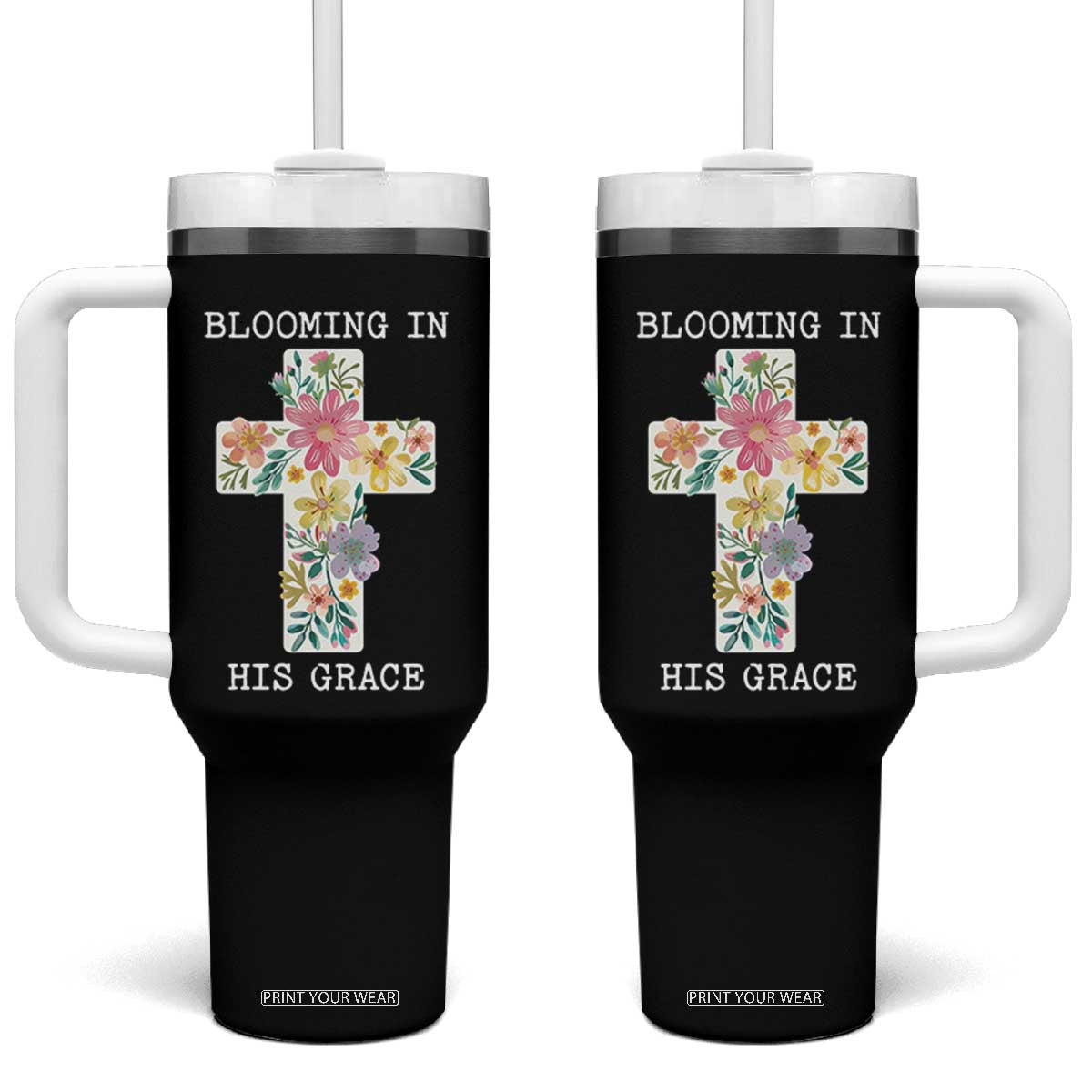 Blooming in His Grace Boho Christian Wildflower Tumbler With Handle Floral Cross Religious TS14 One Size: 40 oz Black Print Your Wear
