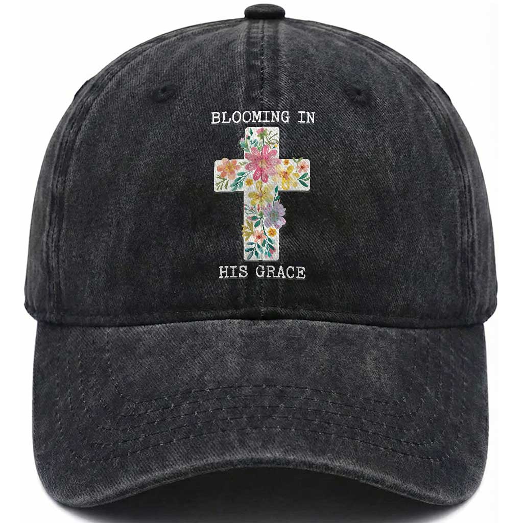 Blooming in His Grace Boho Christian Wildflower Washed Cotton Baseball Cap Floral Cross Religious TS14 Print Your Wear
