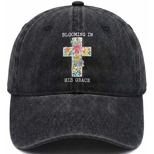 Blooming in His Grace Boho Christian Wildflower Washed Cotton Baseball Cap Floral Cross Religious TS14 Print Your Wear
