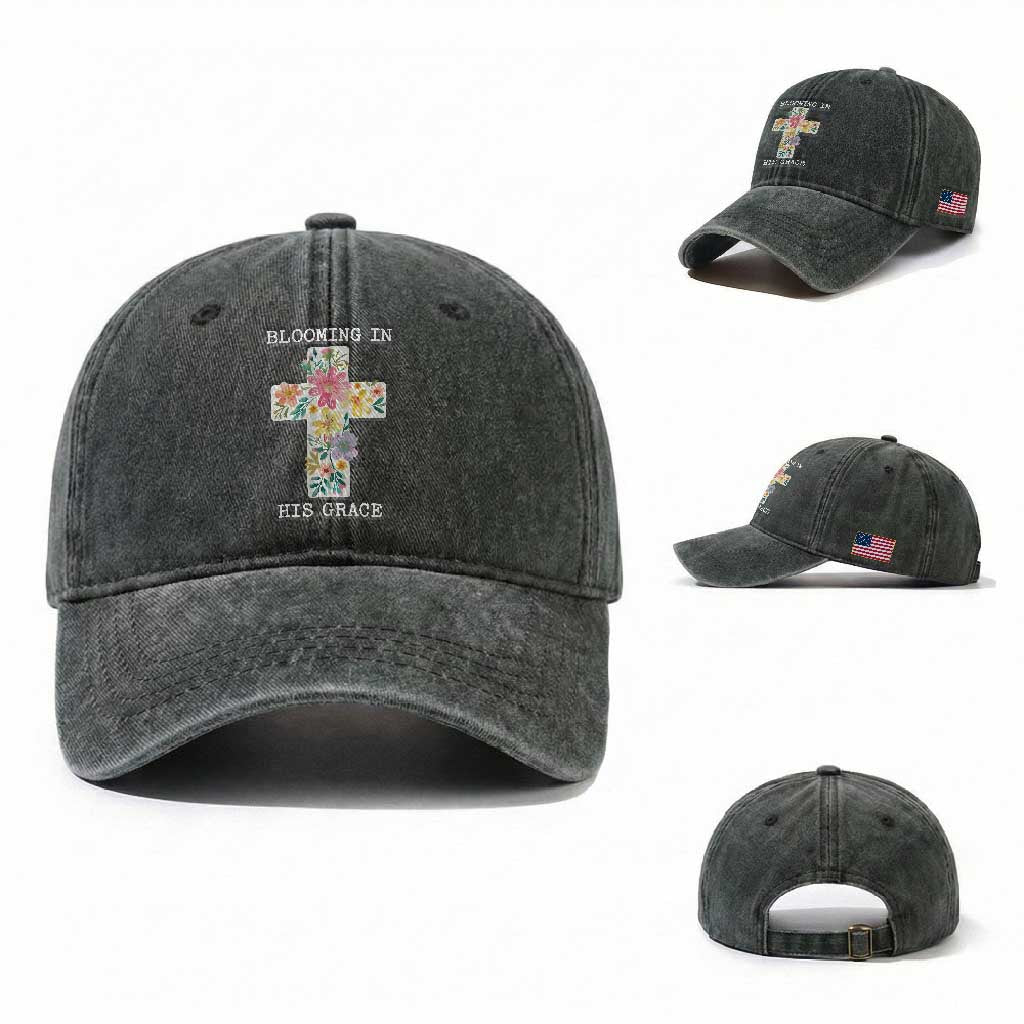 Blooming in His Grace Boho Christian Wildflower Washed Cotton Baseball Cap Floral Cross Religious TS14 Washed Cap Universal Fit Dark Green Print Your Wear
