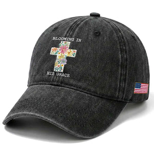 Blooming in His Grace Boho Christian Wildflower Washed Cotton Baseball Cap Floral Cross Religious TS14 Print Your Wear