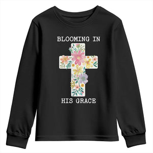 Blooming in His Grace Boho Christian Wildflower Youth Sweatshirt Floral Cross Religious TS14 Black Print Your Wear