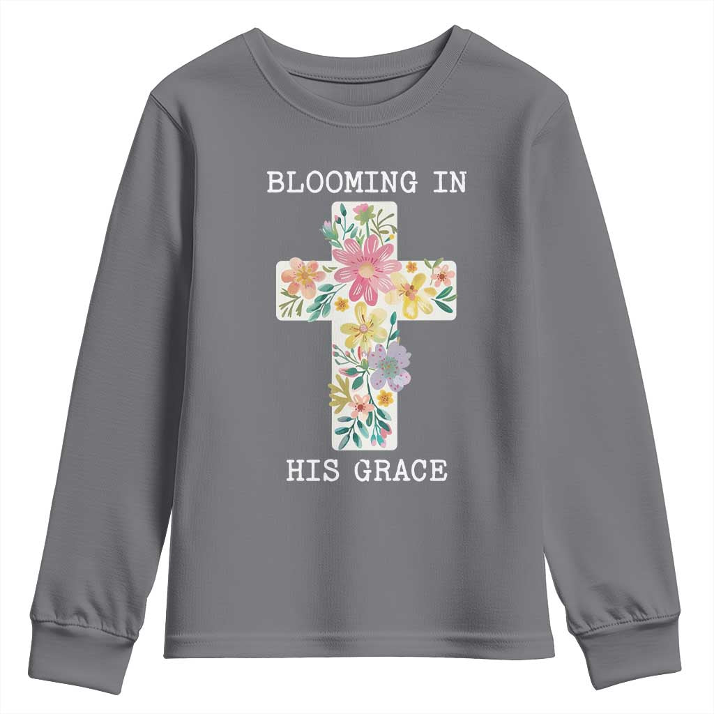 Blooming in His Grace Boho Christian Wildflower Youth Sweatshirt Floral Cross Religious TS14 Charcoal Print Your Wear