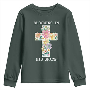 Blooming in His Grace Boho Christian Wildflower Youth Sweatshirt Floral Cross Religious TS14 Dark Forest Green Print Your Wear
