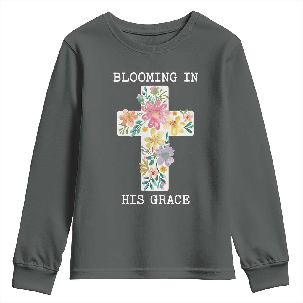 Blooming in His Grace Boho Christian Wildflower Youth Sweatshirt Floral Cross Religious TS14 Dark Heather Print Your Wear