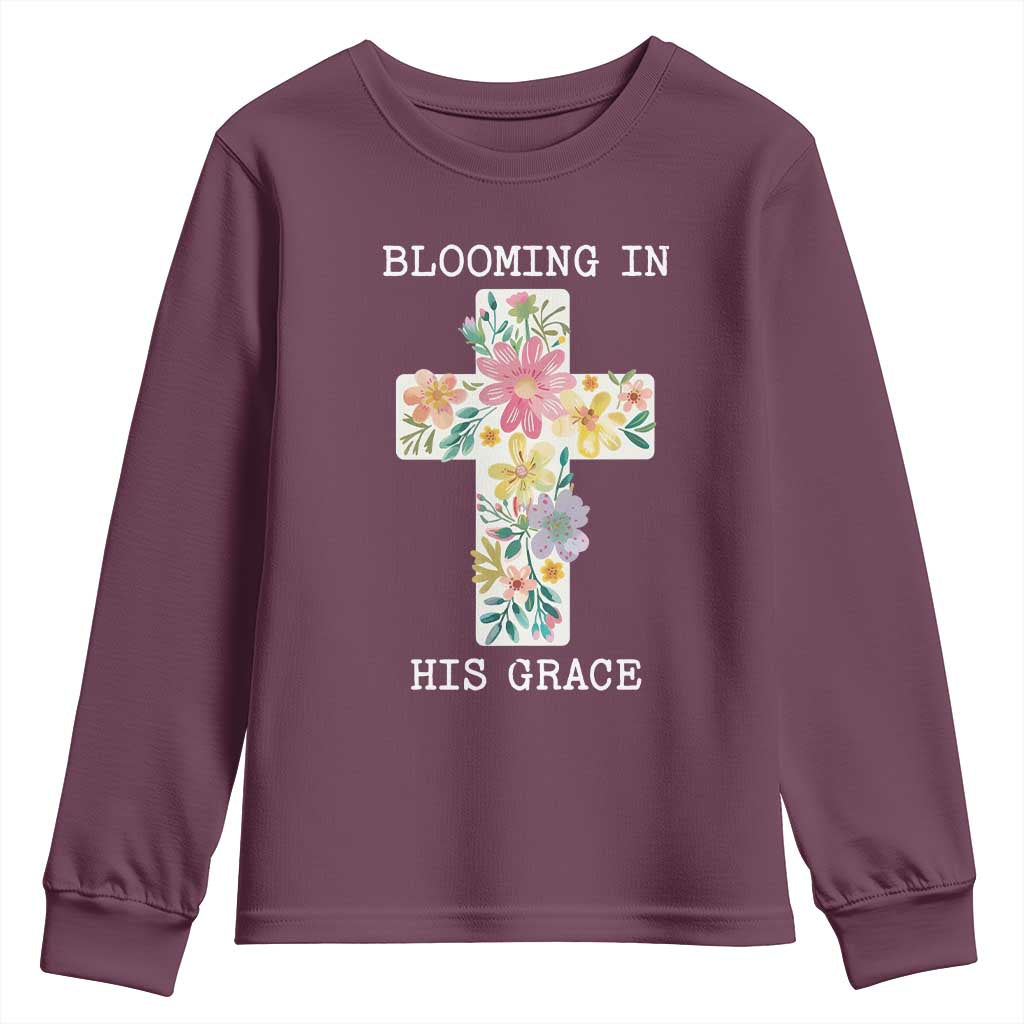 Blooming in His Grace Boho Christian Wildflower Youth Sweatshirt Floral Cross Religious TS14 Maroon Print Your Wear