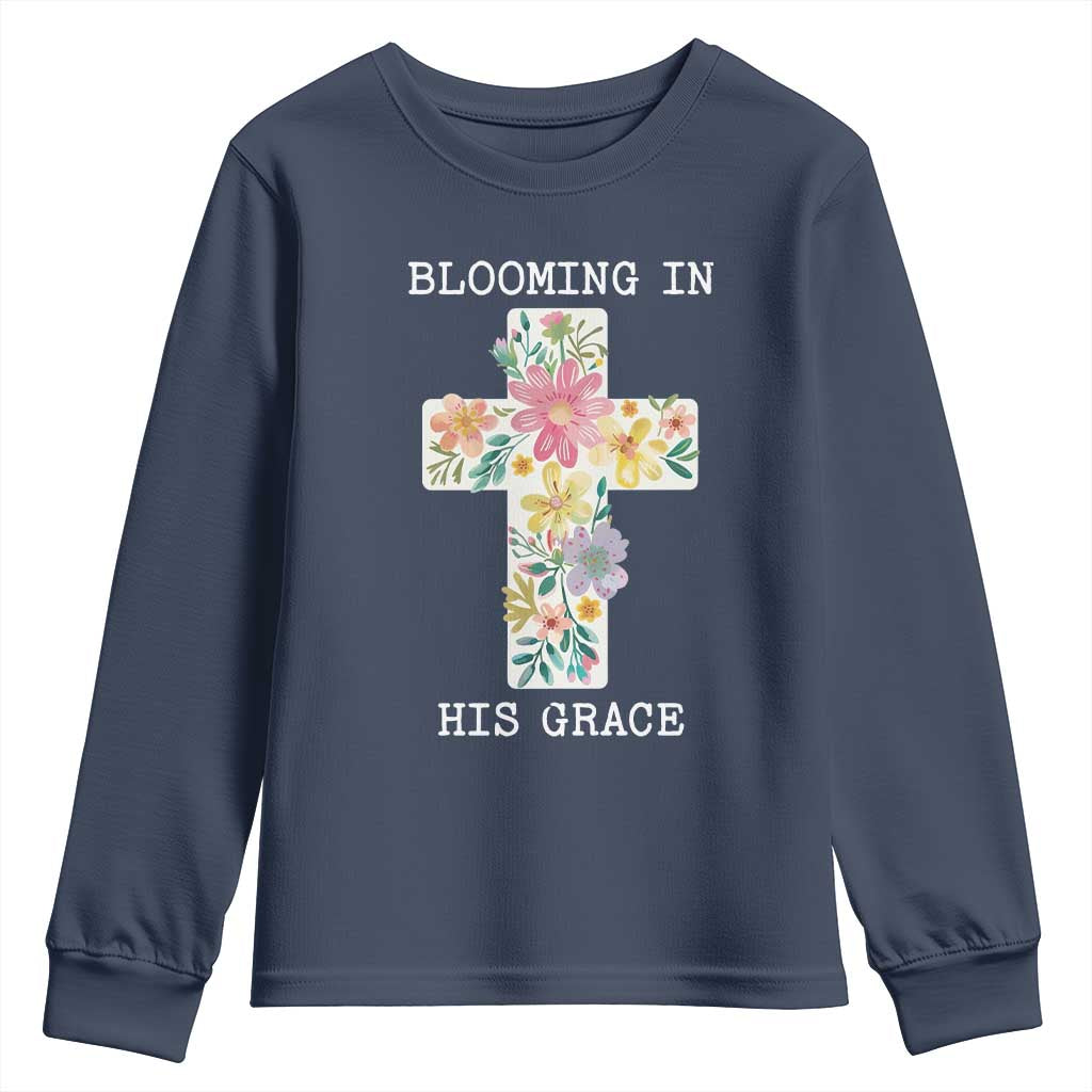 Blooming in His Grace Boho Christian Wildflower Youth Sweatshirt Floral Cross Religious TS14 Navy Print Your Wear