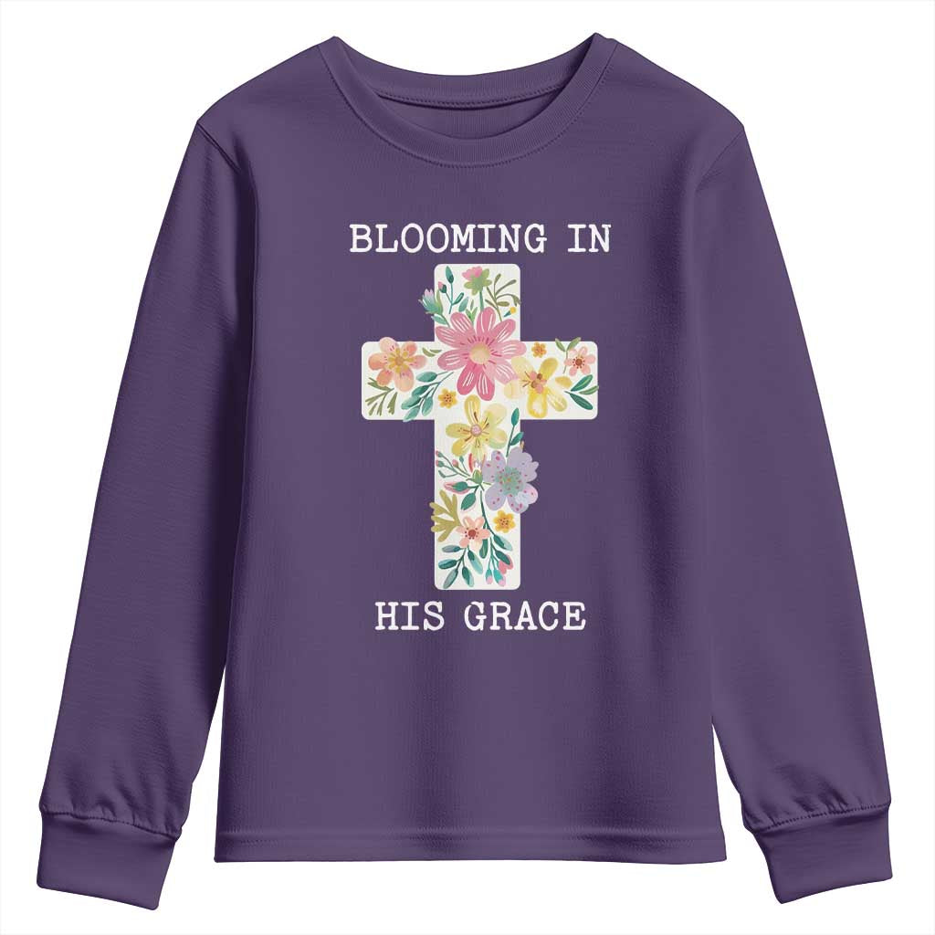 Blooming in His Grace Boho Christian Wildflower Youth Sweatshirt Floral Cross Religious TS14 Purple Print Your Wear