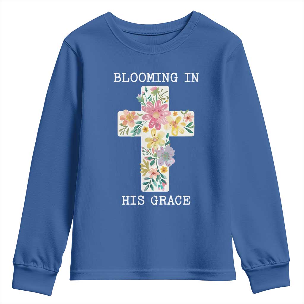 Blooming in His Grace Boho Christian Wildflower Youth Sweatshirt Floral Cross Religious TS14 Royal Blue Print Your Wear