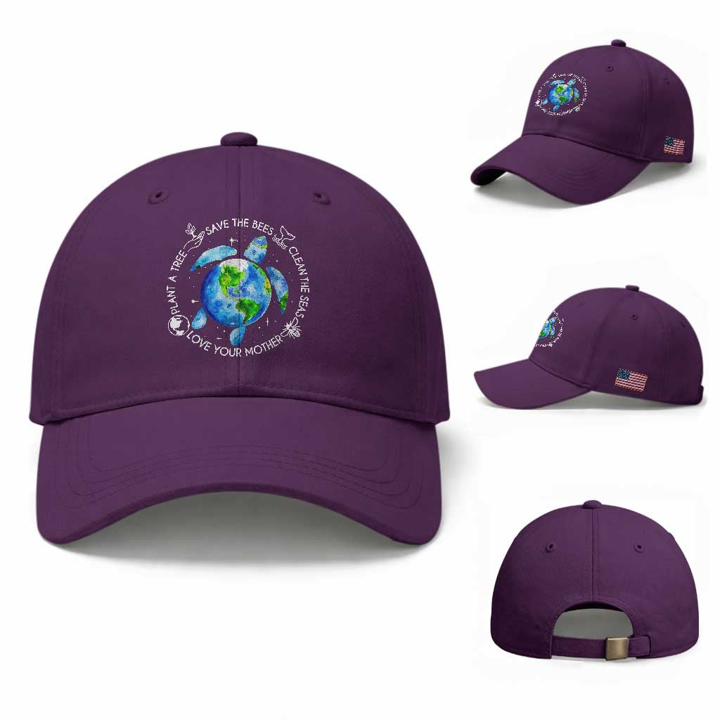 Earth Day Sea Turtle Baseball Cap Save Bees Plant Trees Clean Seas Environmentalist TS14 Baseball Cap Universal Fit Purple Print Your Wear