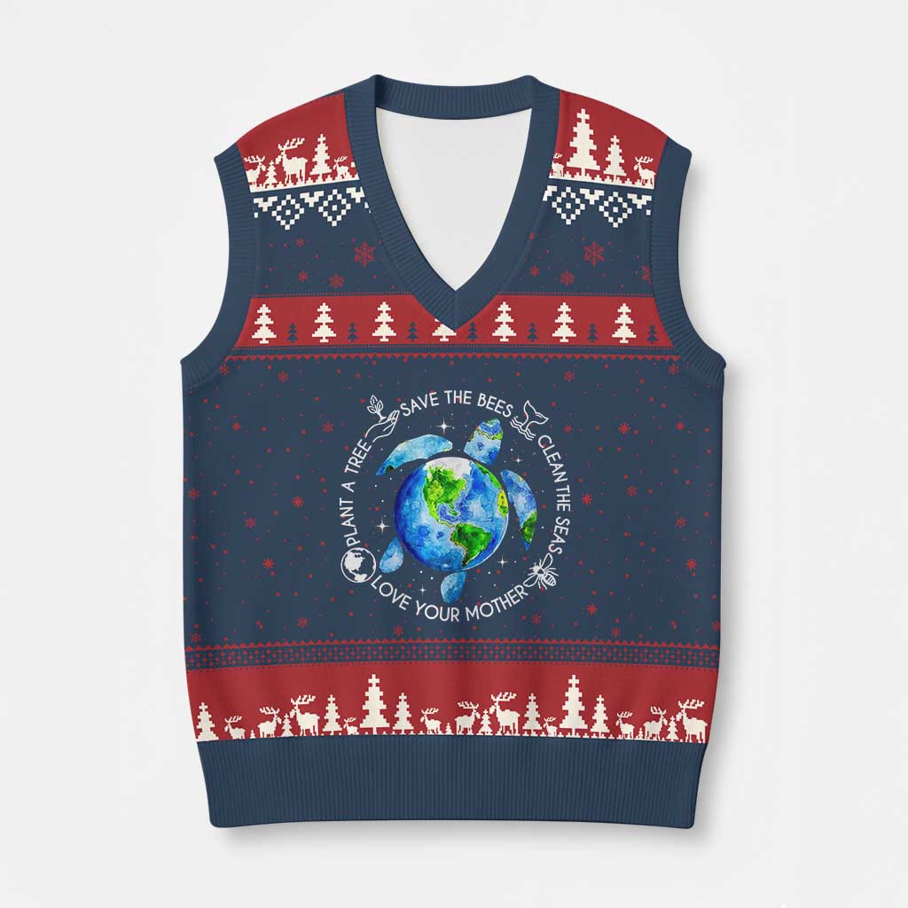 Earth Day Sea Turtle V-Neck Knit Sweater Vest Save Bees Plant Trees Clean Seas Environmentalist TS14 Navy Red Print Your Wear