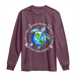 Earth Day Sea Turtle Long Sleeve Shirt Save Bees Plant Trees Clean Seas Environmentalist TS14 Maroon Print Your Wear