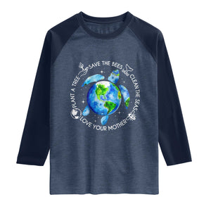 Earth Day Sea Turtle Raglan Shirt Save Bees Plant Trees Clean Seas Environmentalist TS14 Heather Denim Navy Print Your Wear