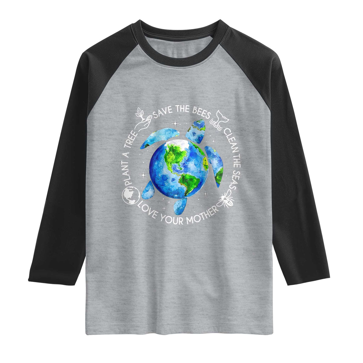 Earth Day Sea Turtle Raglan Shirt Save Bees Plant Trees Clean Seas Environmentalist TS14 Heather Gray Black Print Your Wear