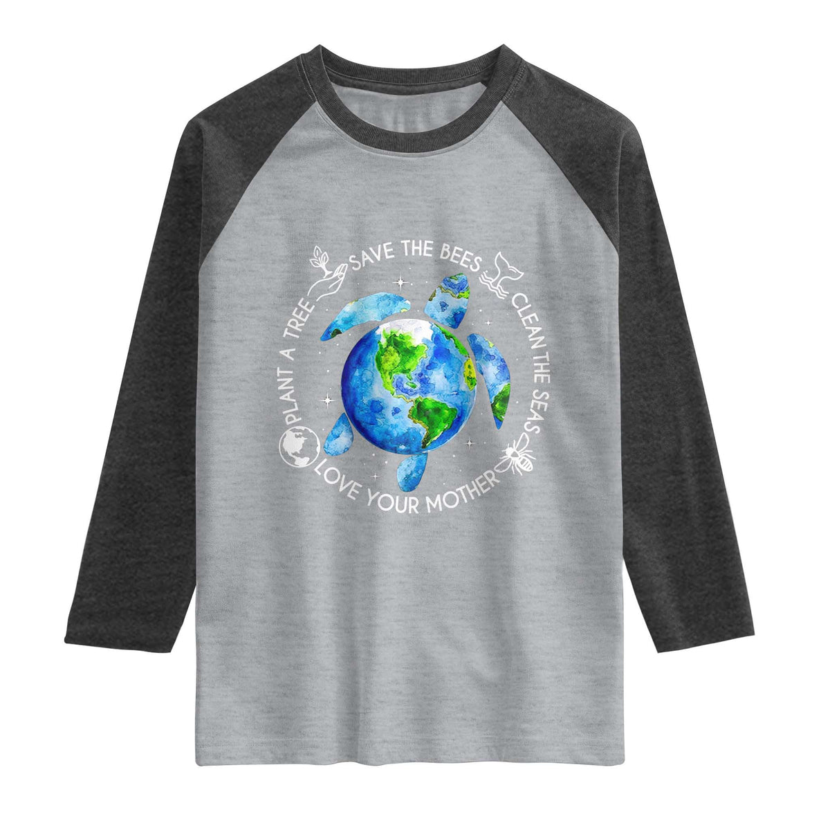 Earth Day Sea Turtle Raglan Shirt Save Bees Plant Trees Clean Seas Environmentalist TS14 Heather Gray Heather Charcoal Print Your Wear