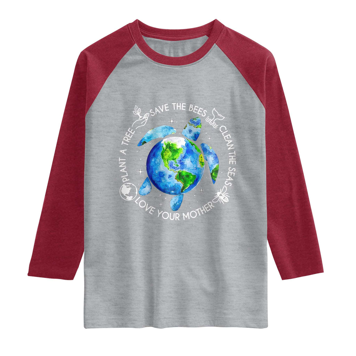 Earth Day Sea Turtle Raglan Shirt Save Bees Plant Trees Clean Seas Environmentalist TS14 Heather Gray Heather Red Print Your Wear