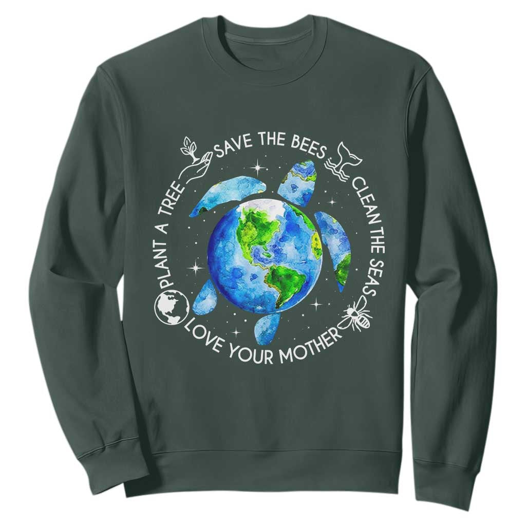 Earth Day Sea Turtle Sweatshirt Save Bees Plant Trees Clean Seas Environmentalist TS14 Dark Forest Green Print Your Wear