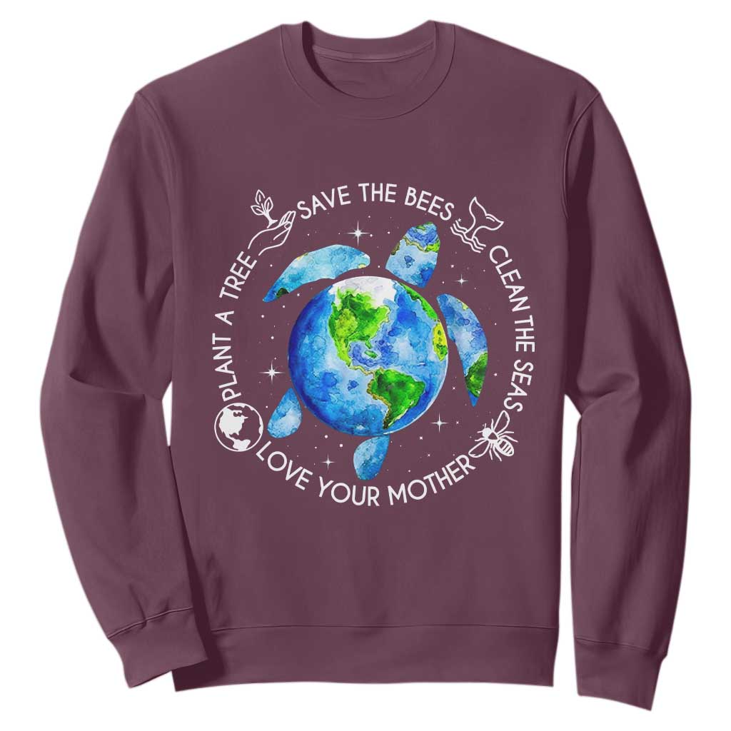 Earth Day Sea Turtle Sweatshirt Save Bees Plant Trees Clean Seas Environmentalist TS14 Maroon Print Your Wear