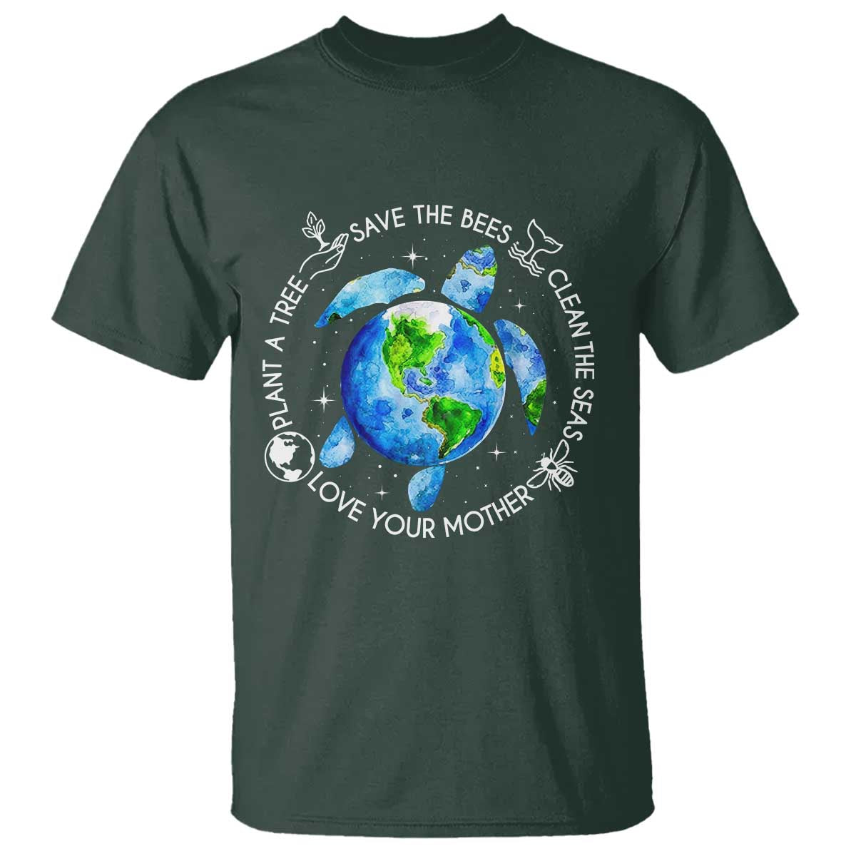 Earth Day Sea Turtle T Shirt Save Bees Plant Trees Clean Seas Environmentalist TS14 Dark Forest Green Print Your Wear