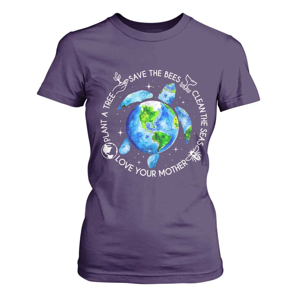 Earth Day Sea Turtle T Shirt For Women Save Bees Plant Trees Clean Seas Environmentalist TS14 Purple Print Your Wear