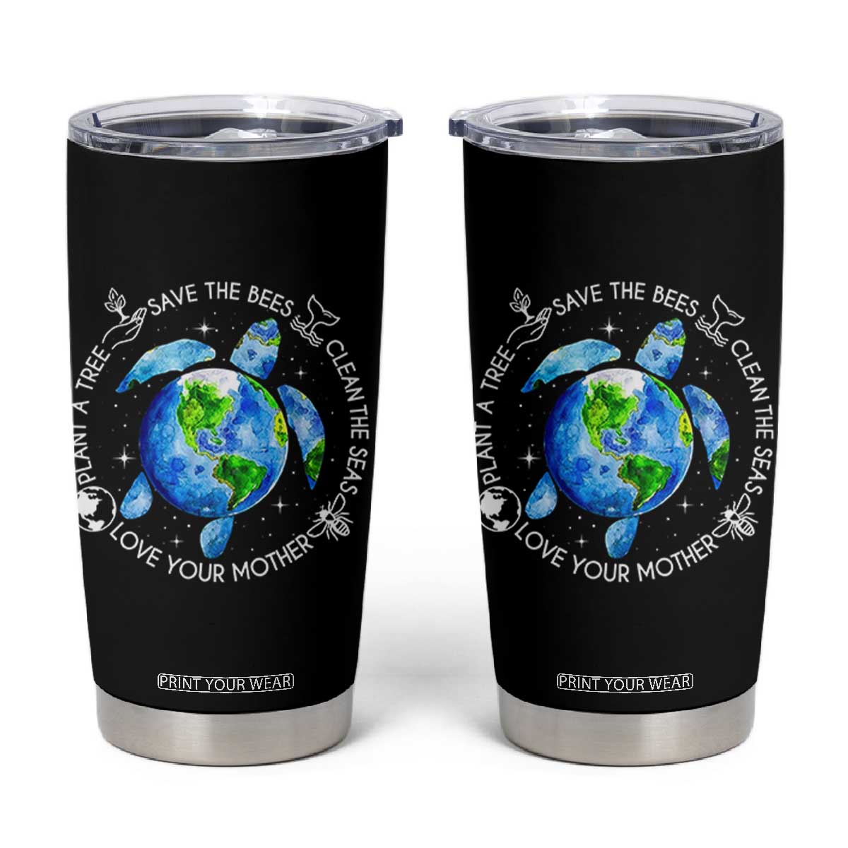 Earth Day Sea Turtle Tumbler Cup Save Bees Plant Trees Clean Seas Environmentalist TS14 Black Print Your Wear