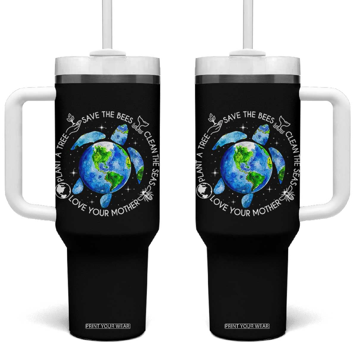 Earth Day Sea Turtle Tumbler With Handle Save Bees Plant Trees Clean Seas Environmentalist TS14 One Size: 40 oz Black Print Your Wear