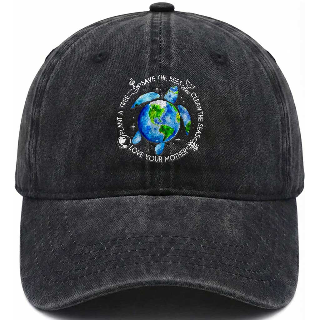 Earth Day Sea Turtle Washed Cotton Baseball Cap Save Bees Plant Trees Clean Seas Environmentalist TS14 Print Your Wear
