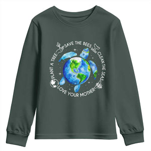 Earth Day Sea Turtle Youth Sweatshirt Save Bees Plant Trees Clean Seas Environmentalist TS14 Dark Forest Green Print Your Wear