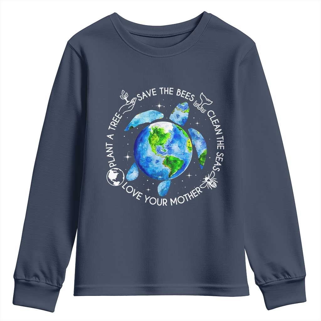 Earth Day Sea Turtle Youth Sweatshirt Save Bees Plant Trees Clean Seas Environmentalist TS14 Navy Print Your Wear