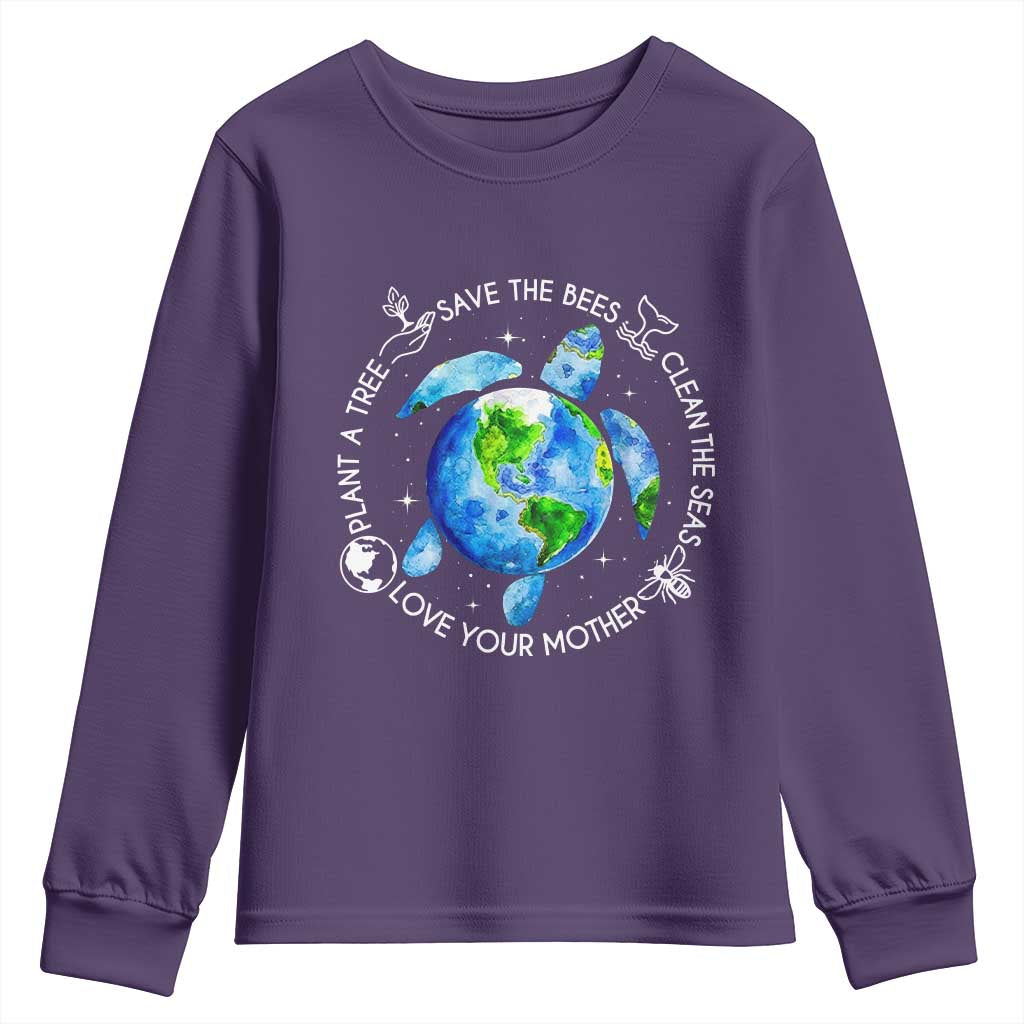 Earth Day Sea Turtle Youth Sweatshirt Save Bees Plant Trees Clean Seas Environmentalist TS14 Purple Print Your Wear