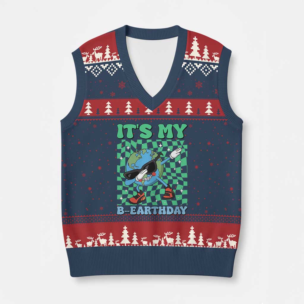 Funny Earth Day V-Neck Knit Sweater Vest Its My B-Earthday TS14 Navy Red Print Your Wear