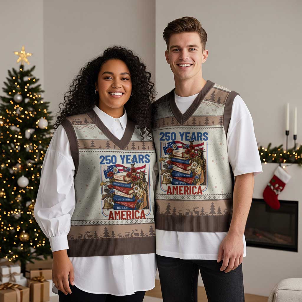 250 Years American Anniversary V-Neck Knit Sweater Vest Patriotic Book Reader 4th of July TS14 Mocha Mousse Print Your Wear