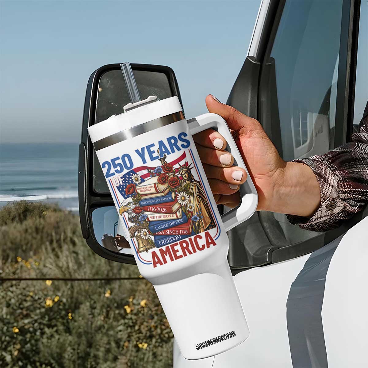 250 Years American Anniversary Tumbler With Handle Patriotic Book Reader 4th of July TS14 Print Your Wear