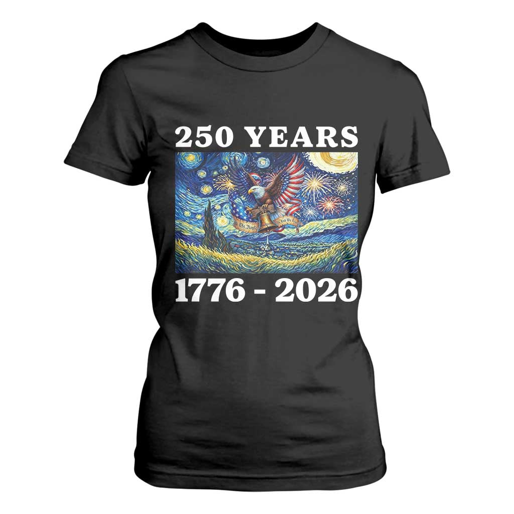 250th America Anniversary T Shirt For Women Starry Night Patriotic Eagle Liberty Bell American Flag TS14 Black Print Your Wear