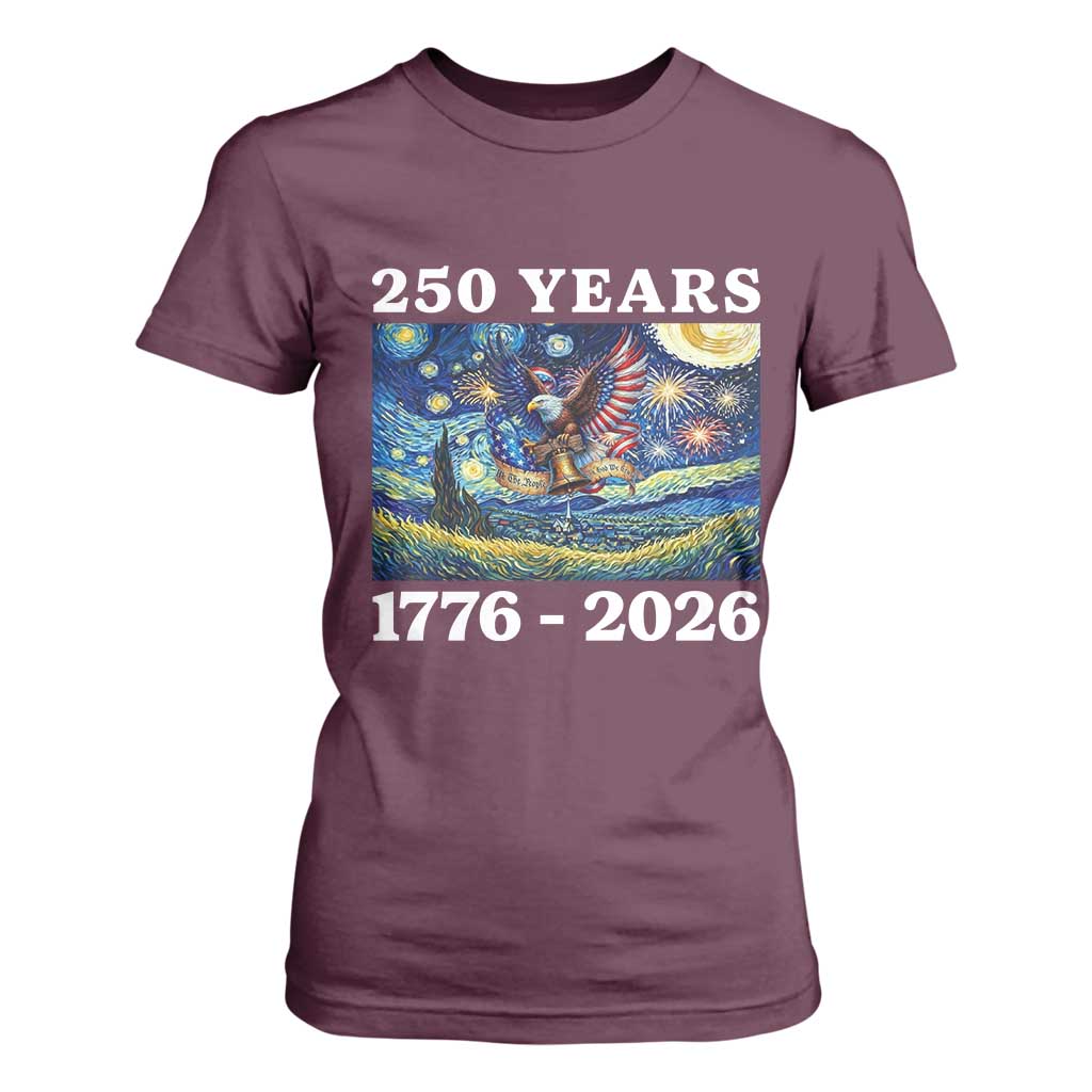 250th America Anniversary T Shirt For Women Starry Night Patriotic Eagle Liberty Bell American Flag TS14 Maroon Print Your Wear