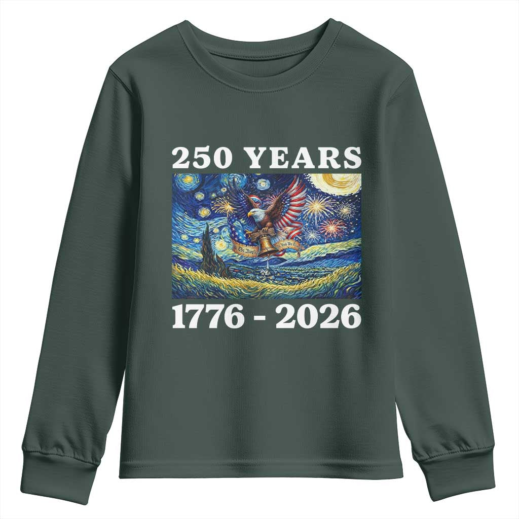 250th America Anniversary Youth Sweatshirt Starry Night Patriotic Eagle Liberty Bell American Flag TS14 Dark Forest Green Print Your Wear